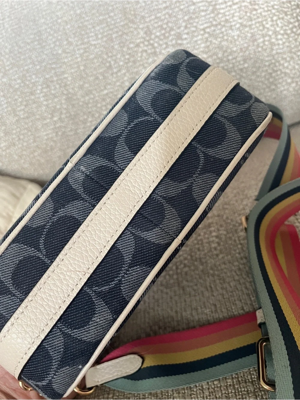 Coach Navy Signature Camera Bag with Cream Patch and Multicolor Stripe Strap